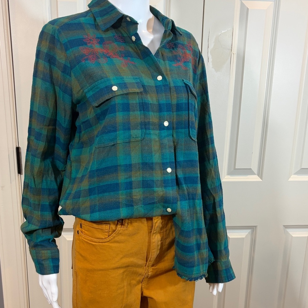 Idyllwind Teal Plaid Shirt with Red Embroidery